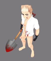 3d balls bara blonde_hair blood blood_stain butcher genitals halloween hi_res male male_only muscular muscular_male open_shirt penis penis_out red_eyes shirt shovel smirk smirking_at_viewer standing top_view yandere_simulator yandere_simulator_2018_halloween_mod yellow_hair