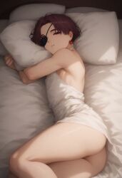 1boy 1femboy ai_generated ass backless_outfit bare_shoulders bed bedroom big_ass big_ass_(male) big_butt big_butt_(male) brown_hair cute cute_male earrings eyepatch femboy femboy_focus femboy_only gown half-closed_eyes hayato_suo head_on_pillow hugging hugging_pillow indoors legs_together looking_at_viewer lying lying_on_bed lying_on_side male male_focus male_only object_hug parted_lips pillow pillow_grab pillow_hug red_earrings red_eyes short_hair sleeping solo solo_femboy solo_male suo_hayato tassel tassel_earrings teeth thick_ass thick_thighs trap twink white_gown wind_breaker