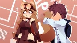 animal_ears animal_tail blushing breasts brown_eyes brown_hair cathie_(rivergravidade) goggles_on_head long_hair rivergravidade