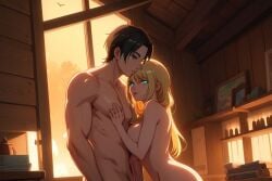 1boy1girl ai_generated anticipation attack_on_titan barn big_penis blonde_hair blue_eyes breast_press breasts breasts_against_chest couple_(romantic) dark_brown_hair dimly_lit erect_penis erehisu eren_jaeger green_eyes historia_reiss illustration im_whoop imminent_sex indoors long_ponytail looking_at_viewer looking_down muscular_male naked naked_female naked_male picture_frame shack shadows shingeki_no_kyojin smiling_at_partner sunset tools touching_partner window wooden_roof