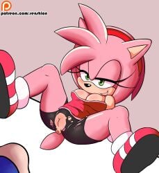 2016 amy_rose anthro anus bedroom_eyes bottomwear breasts cleavage clothed clothing eulipotyphlan female footwear genitals green_eyes hedgehog hi_res mammal narrowed_eyes pink_body presenting presenting_pussy puffy_anus pussy reclining seductive sega senshion shoes shorts solo sonic_(series) sonic_the_hedgehog_(series) spread_legs spreading torn_bottomwear torn_clothing torn_shorts