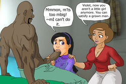 1boy 2girls blowjob clothed colored dark-skinned_male dark_skin disney english_text fellatio female helen_parr interracial male mother_and_daughter multiple_girls oral penis pixar smooth_skin sssfapper text the_incredibles violet_parr