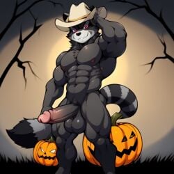 1boy 1furry 1male ai_generated animatronic animatronic_male anthro big_balls big_penis candougie cowboy cowboy_hat fazbear_fanverse five_nights_at_freddy's frosting.ai furry furry_balls furry_male furry_only furry_penis gay gay_male halloween male male_only muscles muscular muscular_male pink_eyes procyonid raccoon ray_(tnar) those_nights_at_rachel's