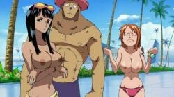 2girls accurate_art_style artist_request big_breasts black_hair breasts edit female male multiple_girls nami nami_(classic) nami_(one_piece) nico_robin nico_robin_(classic) nipples nude nude_filter one_piece orange_hair pool poolside pre-timeskip screenshot_edit tattoo topless