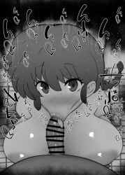 1boy 1girls :>= bare_shoulders big_breasts big_penis black_and_white blowjob blush braid canon_genderswap censored dark-skinned_male dark_skin detailed_background drooling erect_nipples eyelashes fellatio female heart human indoor indoors kurotama looking_at_viewer male male_pov oral oral_sex pov ranma-chan ranma_1/2 ranma_saotome saliva shiny shiny_skin short_hair sketch sound_effects squatting text tongue_out vein veins veiny veiny_penis