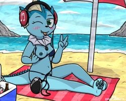 1girls anthro beach bikini blush bra breasts female female_only looking_at_viewer navel nintendo nipples one_eye_closed pokefound pokemon pokemon_(species) solo tongue tongue_out vaporeon