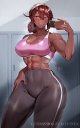 1girls abs big_breasts blush brown_hair dark-skinned_female dark_skin female female_only fit fit_female hairband hi_res kazuya_(kozun) kozunya looking_at_viewer mirror_selfie narrowed_eyes phone red_eyes selfie smiling smiling_at_viewer solo sportswear sweat thick_thighs tied_hair toned toned_female tsona_(nyantcha)