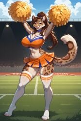 ai_generated among_us big_breasts brown_body brown_eyes brown_fur brown_hair cheerleader elizabeth_mendoza felid feline female furry furry_female heart_symbol leopard long_hair long_socks seductive skirt snow_leopard tail thong