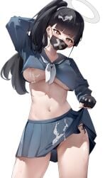 absurdres arm_behind_head black_gloves black_hair black_mask black_panties blue_archive blue_serafuku blue_shirt blue_skirt blunt_bangs blush breasts brown_eyes cameltoe clothes_lift contrapposto cowboy_shot cum cum_on_body cum_on_breasts cum_on_clothes cum_on_hair cum_on_mask delinquent donggua_bing_cha female female_only fingerless_gloves fully_clothed gloves halo head_tilt highres large_breasts lifting_own_clothes long_hair long_sleeves looking_at_viewer mask miniskirt mouth_mask navel neckerchief nipple_slip nipples no_bra panties pleated_skirt revealing_clothes school_uniform serafuku shirt side-tie_panties side_ponytail simple_background skirt skirt_lift solo stomach string_panties sukeban sukeban_(smg)_(blue_archive) surgical_mask sweat thighs underboob underwear white_background white_halo white_neckerchief x_mark