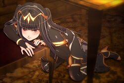 1girls 3d bent_over black_hair blush bodystocking cape clothed clothed_female clothing female fire_emblem fire_emblem_awakening kneeling leaning_on_object looking_at_viewer nintendo sencho solo solo_female tharja_(fire_emblem)