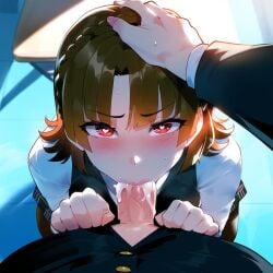 ai_generated akira_kurusu brown brown_hair cum cum_in_mouth cum_inside cumshot fellatio hand_on_head makoto_niijima on_fours oral persona persona_5 red_eyes