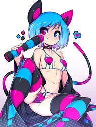 2019 5_fingers blue_eyes blue_hair breasts cameltoe cat_girl female hair hi_res humanoid midriff navel original partially_visible_vulva sex_toy slugbox solo spread_legs spreading vomi_agogo