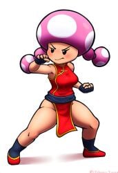 aged_up ai_generated china_dress chinese_clothes chinese_dress female_focus fighting fighting_stance mario_(series) martial_arts mushroom_humanoid nintendo novelai pink_hair simple_background super_mario_bros. toadette twin_braids voluptuous_female white_background