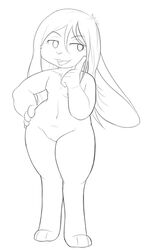 anthro blushbutt breasts chest_tuft digitigrade female hair hi_res lagomorph leporid long_ears long_hair mammal monochrome nude pussy rabbit shortstack simple_background solo thick_thighs tuft white_background