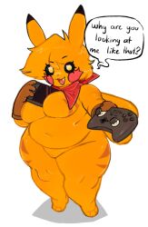 1girls anthro anthrofied ascot chubby chubby_female dialogue female hammerspace jamcrumb naked naked_female nintendo nintendo_switch pikachu pokemon pokemon_(species) solo