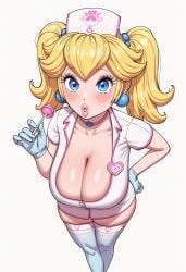 ai ai_assisted ai_generated big_lips bimbo bimbo_lips blonde_hair breasts busty child_bearing_hips cleavage curves curvy curvy_body curvy_female curvy_figure eyeshadow female from_above full_lips hourglass_figure large_breasts lipstick lollipop makeup mario_(series) mascara nurse overhead_view peach pose posing posing_for_the_viewer pout pouting pouty pouty_lips princess_peach softcore super_mario_bros. thick thick_thighs voluptuous white_female