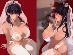 absurdres bubble_butt chainsaw_man cum_on_breasts cum_on_upper_body garter_straps hair_pull hands_on_breasts heart_symbol highres instant_loss_2koma kneeling lace-trimmed_bra lace-trimmed_panties lace_trim large_breasts mitaka_asa open_mouth spilling_breasts tongue_out wedding_dress wedding_gloves wedding_lingerie wedding_veil white_panties white_thighhighs yoru_(chainsaw_man)