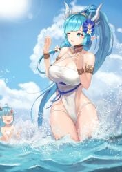 &gt;_&lt; 2girls abeen_jhong bare_shoulders bikini blue_eyes blue_hair blush breasts cleavage cloud commentary_request day dragon_girl dragon_horns dragon_humanoid flower hair_flower hair_ornament highres horns king&#039;s_raid laias_(king&#039;s_raid) large_breasts long_hair looking_at_viewer monster_girl multiple_girls navel pointy_ears reptile_humanoid smile solo_focus swimsuit tail very_long_hair water white_flower