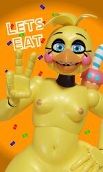 4_fingers animatronic anthro avian beak bird blender_(artwork) blue_eyes blush braces breasts chica_(fnaf) chicken cupcake digital_media_(artwork) dildo english_text eyebrows eyelashes female fingers five_nights_at_freddy's five_nights_at_freddy's_2 food galliform gallus_(genus) gesture gradient_background hand_gesture hand_on_hip hi_res machine nipples orange_mouth orange_nipples phasianid pinup pose positivepossummate poster robot scottgames sex_toy simple_background small_breasts solo text toy_chica_(fnaf) v_sign yellow_body