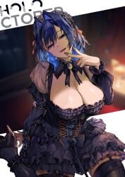 1girls black_nails blue_eyes blue_hair breasts clothed clothing female female_only goth goth_girl headdress hololive hololive_english hololive_english_-promise- huge_breasts light-skinned_female light_skin ouro_kronii solo virtual_youtuber vyragami