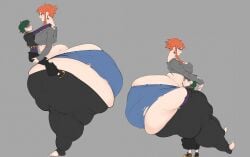 2girls ass_cleavage aunt_bunnie cantankeravian female height_difference holding_person huge_thighs hyper_ass hyper_thighs massive_ass orange_hair sandymoo snail_(cantankeravian) thighs yuri