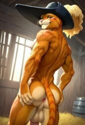 ai_generated anthro anthro_male ass back balls barn biceps big_balls big_penis blush dreamworks feline furry gay grabbing_own_ass green_eyes hand_on_ass hand_on_butt hat looking_at_viewer looking_back male male_only muscular muscular_male nude_male orange_fur penis puss puss_in_boots_(dreamworks) shrek_(series) smile toned_body toned_male twall97