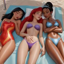 3girls ai_generated alternate_version_available ariel ariel_(the_little_mermaid) arms_crossed asian asian_female bare_arms bare_midriff bare_shoulders bare_thighs bathing_suit beach beach_towel belly belly_button bikini bikini_bottom bikini_top black_hair chinese chinese_female closed_eyes dark-skinned_female dark_hair dark_skin disney disney_princess fa_mulan female female_focus female_human female_only hair_bun hairbun hand_on_belly hand_on_chest hand_on_stomach head_on_pillow light-skinned_female light_blue_bikini light_skin long_hair makeup midriff mulan mulan_(1998_film) navel outdoors outside petite petite_body petite_female pillow princess_tiana public purple_bikini_bottom red_hair red_lips red_lipstick red_swimsuit resting shell_bikini sleeping strapless_swimsuit sunbathing swimsuit swimwear the_little_mermaid the_little_mermaid_(1989_film) the_princess_and_the_frog thighs tiana tiara