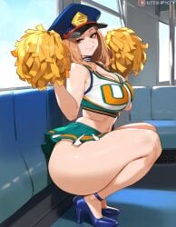 ai_generated big_ass blonde_hair boku_no_hero_academia camie_utsushimi cheerleader cheerleader_outfit cheerleader_uniform hat heels high_heels large_breasts my_hero_academia pom_poms seductive seductive_eyes seductive_look seductive_smile smirk smirking smirking_at_viewer squatting thick_thighs utsushimi_camie