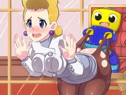 1boy 1girls ambiguous_penetration black_eyes blonde_hair capcom clothing doggy_style duo female hair kibazoku legends) male man mayor mayor_(mega_man_legends) mega_man mega_man_legends robot servbot sex small_dom_big_sub smaller_male straight torn_clothes underling video_games