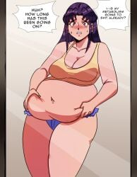 1girls beer_belly big_belly big_breasts bloated_belly blush booty_shorts brown_eyes cleavage clothed clothing color cookies-cat dialogue embarrassed fat female female_only grabbing_own_belly long_hair mirror misato_katsuragi muffin_top navel neon_genesis_evangelion plump potbelly purple_hair reflection text weight_conscious weight_gain