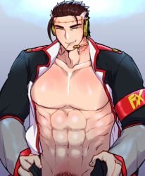 1boy abs bara bara_tiddies bara_tits big big_al big_al(vocaloid) brown_hair daddy gay half-dressed male male_only muscular muscular_abs muscular_arms muscular_male muscular_pecs pale_skin pecs pubic_hair smirk unbuttoned unbuttoned_pants vocaloid vocaloid2 white_hair white_highlights yaoi yellow_eyes