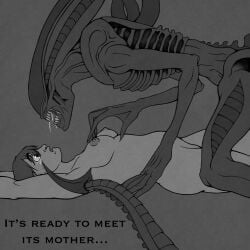 alien alien/human alien_(franchise) anticipation black_and_white breasts breasts fear galafoxlitten interspecies nude nude_female prey xenomorph xenomorph_tail