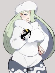 blue_eyes breasts clothing earrings female female female_only fur_hat gloves green_hair hair_over_one_eye hand_on_hip hat headwear holding holding_poke_ball jewelry kukumomo large_breasts legwear_under_shorts long_hair long_sleeves looking_at_viewer mature mature_female melony_(pokemon) nail_polish pantyhose pantyhose_under_shorts plump poke_ball pokemon pokemon_(game) pokemon_sword_&_shield ring scarf shorts simple_background single_glove smile solo standing streaked_hair sweater thick_thighs thighs ultra_ball white_background white_headwear white_sweater wide_hips