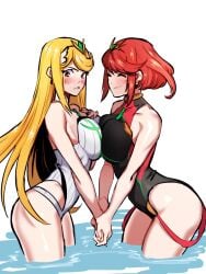 2girls asymmetrical_docking bangs bare_shoulders black_one-piece_swimsuit blonde_hair blush breast-to-breast breast_press breasts chest_jewel closed_mouth clothing competition_swimsuit dual_persona earrings embarrassed female gem headpiece headwear hikari_(xenoblade_2) holding_hands homura_(xenoblade_2) jewelry kukumomo large_breasts long_hair looking_at_viewer multiple_girls mythra one-piece_swimsuit partially_submerged pyra red_eyes red_hair red_one-piece_swimsuit selfcest short_hair shy sidelocks simple_background smile standing strapless strapless_swimsuit striped swept_bangs swimsuit symmetrical_docking tank_suit thighs tiara very_long_hair wading water white_background white_one-piece_swimsuit xenoblade_(series) xenoblade_chronicles_2 yellow_eyes yuri