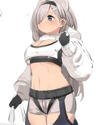 arknights aurora_(arknights) b45ui bear_girl boob_window fit_female weight_gain white_hair