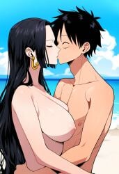 1boy ai-assisted beach big_breasts black_hair boa_hancock closed_eyes couple curvy_female earrings female grabbing grabbing_waist kissing long_hair lovers male misterioai monkey_d_luffy nipples nude nude_female one_piece scar