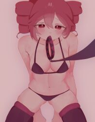 1girls almost_naked almost_nude arms_behind_back big_breasts blush breasts collar collar_and_leash collar_in_mouth female female_focus female_only kasane_teto leash looking_at_viewer partially_clothed red_eyes red_hair short_hair solo twin_drills underwear utau