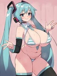 1girls adapted_costume aqua_eyes aqua_hair bikini blush breasts chiwino cleavage cowboy_shot detached_sleeves hatsune_miku headset hi_res huge_breasts long_hair long_twintails looking_at_viewer matching_hair/eyes micro_bikini microphone navel necktie necktie_between_breasts open_shirt painted_fingernails painted_nails plump smile solo standing striped striped_bikini sweat swimsuit thighhighs twintails v very_long_hair vocaloid