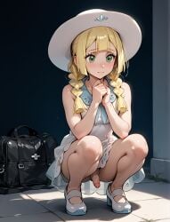 ai_generated bangs blonde_hair dress green_eyes hat lillie_(pokemon) limp_penis pokemon see-through see-through_clothing see_through_dress shy small_penis small_testicles