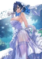 1girls blue_eyes blue_hair breasts dress female female_only gloves hololive hololive_english hololive_english_-promise- huge_breasts light-skinned_female light_skin ouro_kronii solo veil virtual_youtuber vyragami wedding_dress wedding_veil white_gloves