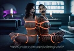 2girls 3d abs angry athletic athletic_female ball_gag bioware black_hair bondage breasts dark_hair dialogue english_text feet forced gag gagged hands_behind_back jack_(mass_effect) looking_at_another looking_back mass_effect miranda_lawson nude restrained rope scar scars shaved_sides sitting soles tattoo tattoos tattoos_everywhere tied_up waywardsfm