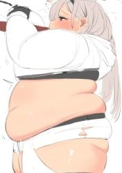 arknights aurora_(arknights) b45ui bbw bear_girl big_belly blush chubby drinking fat fat_female fat_fetish overweight overweight_female skindentation sweat torn_clothes wardrobe_malfunction weight_gain