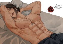 2boys :p abs anger_vein annoyed arm_hair armpit_hair armpits arms_up bara bed brown_hair chest_hair deadpool facial_hair gay hairy hands_on_own_head james_howlett large_pectorals logan_(x-men) looking_at_viewer lying male_focus male_only marvel marvel_comics multiple_boys muscular muscular_male mutant_(marvel) mutate_(marvel) nipples on_back open_fly pants pectorals pillow pubic_hair pubic_hair_peek red_mask solo solo_focus solo_male tongue tongue_out translation_request wade_wilson wolverine_(x-men) wonpese x-men x-men_origins:_wolverine yaoi