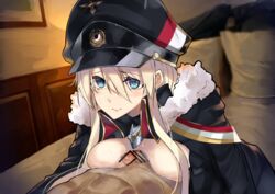 1boy 1girls azur_lane bar_censor bed bismarck_(azur_lane) black_headwear blonde_hair blue_eyes blush breasts cape censored clothed_female_nude_male coat dark-skinned_male eyebrows_visible_through_hair female fur_trim hair_between_eyes hat highres indoors long_hair looking_at_viewer medium_breasts military military_hat military_uniform paizuri penis picture_frame pillow solo_focus straight straight_hair suushiki sweat uniform