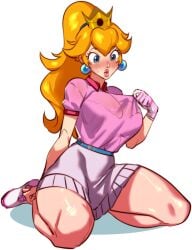 bent_knees blonde_hair blue_eyes blush bra bra_visible_through_clothes breasts clothing crown earrings female female_only footwear full_body gloves headwear jewelry kneeling kukumomo large_breasts lips long_hair looking_at_viewer mario_(series) mario_tennis pink_shirt ponytail princess_peach see-through shirt shoes short_sleeves simple_background sitting skirt solo super_mario_bros. sweat tennis_outfit thick_thighs thighs underwear wariza wet wet_clothes white_background