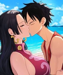 1boy ai-assisted big_breasts black_hair boa_hancock couple female female kissing long_hair lovers male misterioai monkey_d_luffy