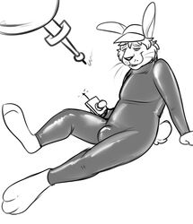 2019 3_toes anthro binturongboy bodysuit bulge clothed clothing device fur greyscale hair harvey_(james_newland) hat headgear headwear hypnosis lagomorph leporid male male_only mammal mind_control monochrome rabbit rubber simple_background smile solo tight_clothing toes white_background