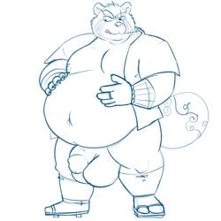 2019 anthro balls belly big_balls canid canine clothed clothing fatdoodlewuff flaccid footwear gyobu hi_res humanoid_hands humanoid_penis male male_only mammal moobs navel nipples open_shirt overweight overweight_male penis raccoon_dog sandals scar shirt solo tanuki tokyo_afterschool_summoners topwear video_games