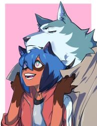 1boy animal_ears anthro blue_eyes blue_hair body_fur brand_new_animal breasts clothing duo female fur furry furry_female furry_male green_eyes jacket kagemori_michiru kukumomo looking_at_another looking_at_viewer looking_up michiru_kagemori oerba_yun_fang open_mouth pink_background pink_eyes raccoon_ears raccoon_girl raccoon_tail red_jacket shirou_ogami shirt short_hair simple_background smile tanuki teeth track_jacket upper_body white_shirt wolf_boy wolf_ears