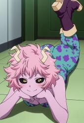 ai_generated ashido_mina ass big_ass black_sclera blush bodysuit bones boots breasts buttocks cleavage closed_mouth clothing colored_sclera colored_skin fat_ass feet_up female female_only flirting footwear head_rest horns huge_ass indoors large_ass large_breasts legs_up looking_at_viewer lying medium_breasts mina_ashido my_hero_academia on_floor on_stomach pink_hair pink_skin round_ass sexy_ass short_hair shounen_jump smile solo student superheroine teen teen_girl teenage teenage_girl teenager unitard yellow_eyes